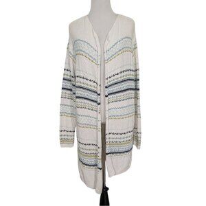 J Jill Stripe Knit Cardigan Womens Size Medium White Open Front Longline Sweater